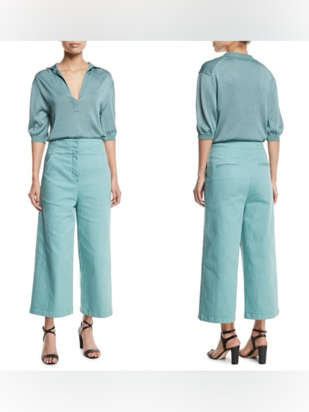 Tibi Demi Cropped Wide-Leg Garment Dyed Twill Jeans  Aqua Cotton Blend 8